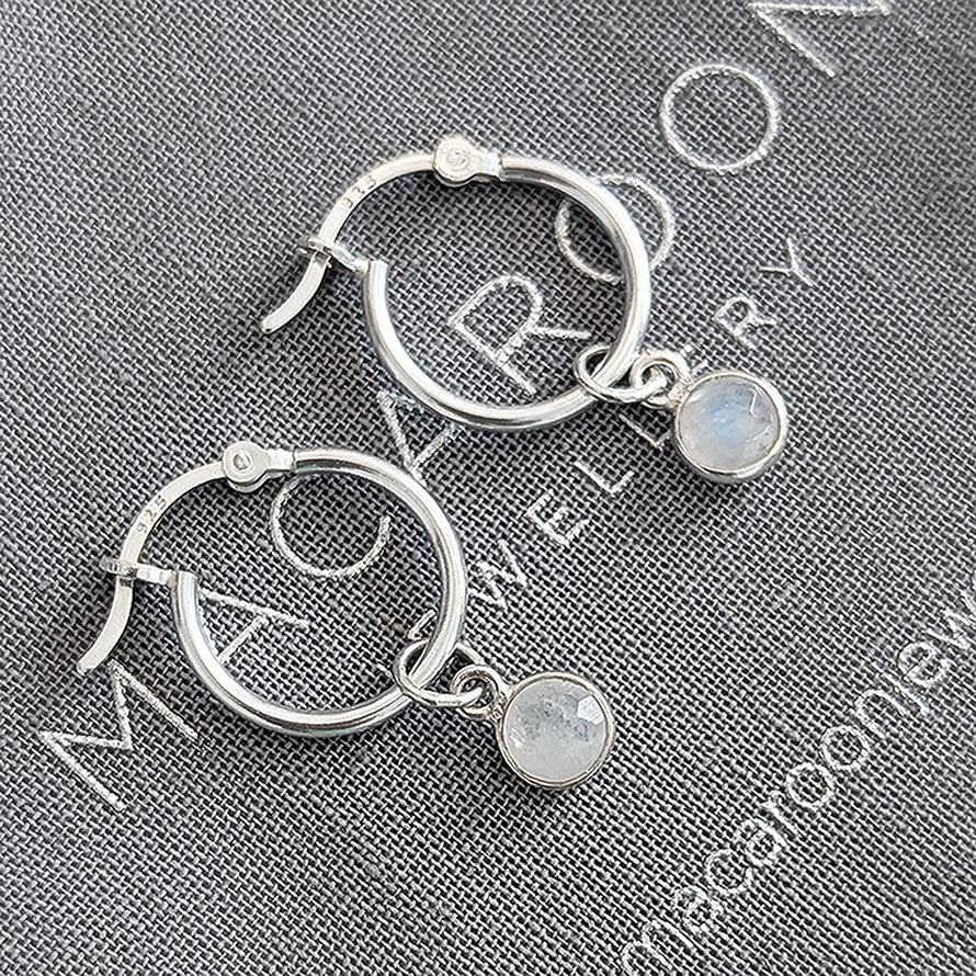 Rainbow Moonstone Charm Hoop Earrings