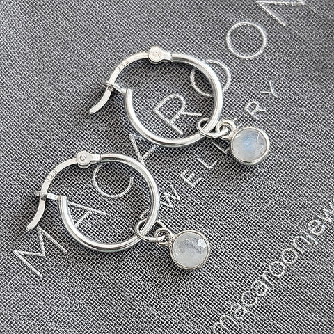 Rainbow Moonstone Charm Hoop Earrings