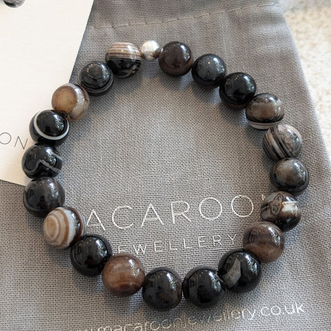 Men's Sterling Silver and Striped Agate Gemstone Bracelet