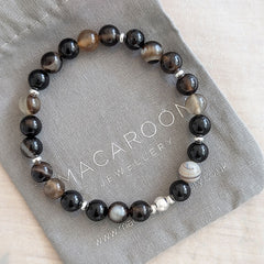 Men's Sterling Silver and Striped Agate Gemstone Bracelet