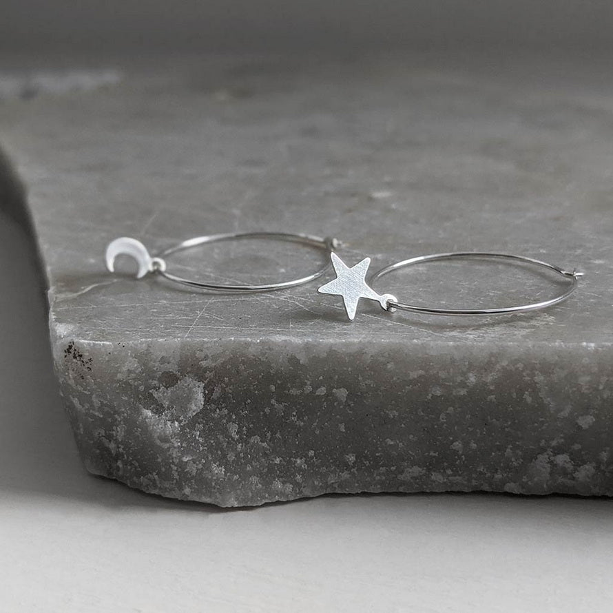Star and Moon Silver Hoop Earrings