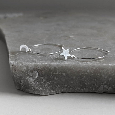 Star and Moon Silver Hoop Earrings