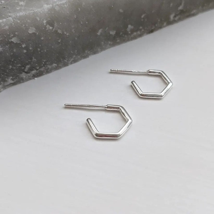 Small Silver Hexagon Hoop Earrings