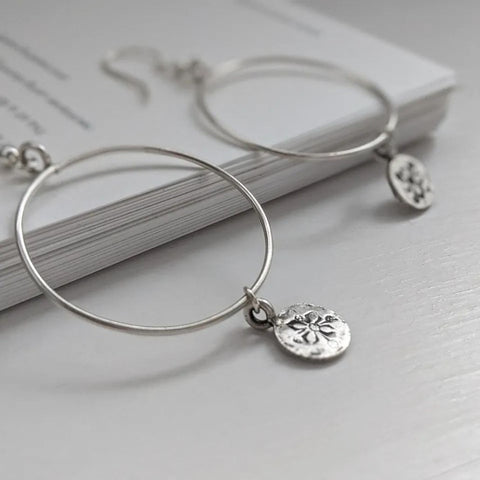 Fine Silver Stamped Charm Hoop Earrings