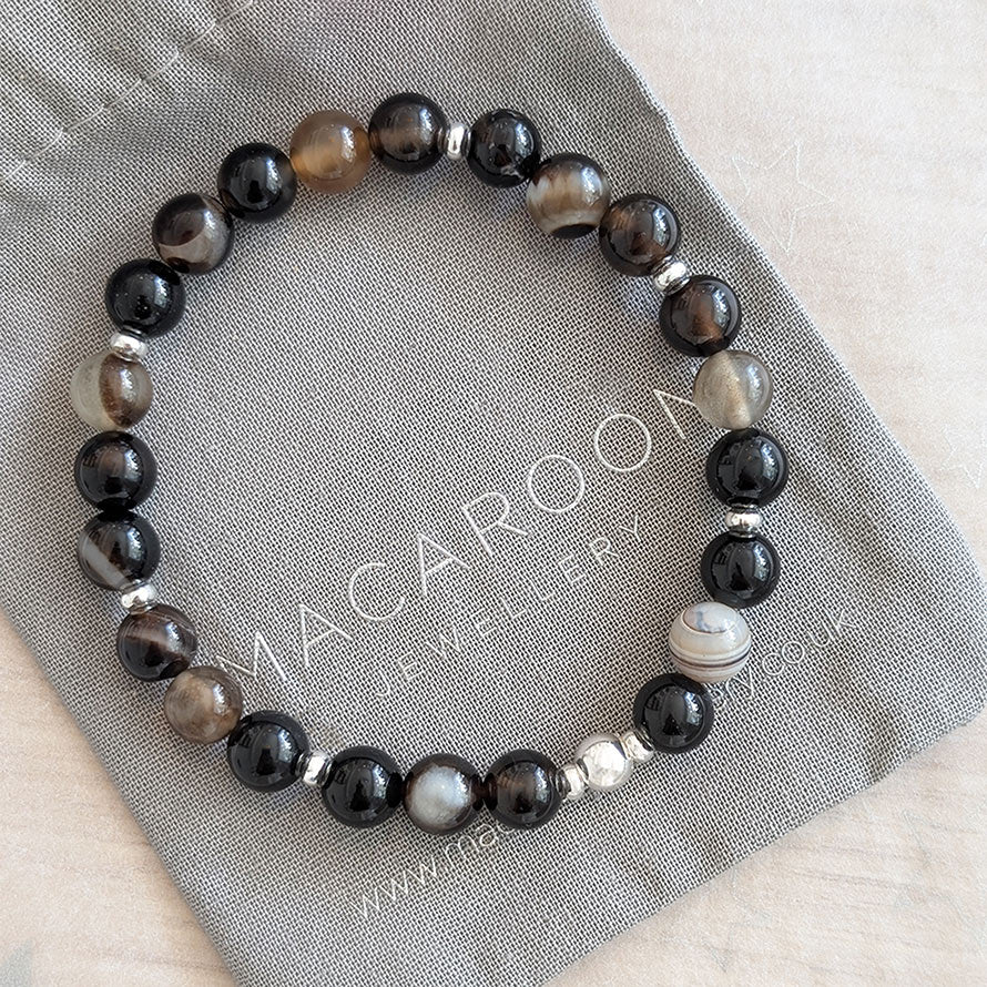 Men's Sterling Silver and Striped Agate Gemstone Bracelet