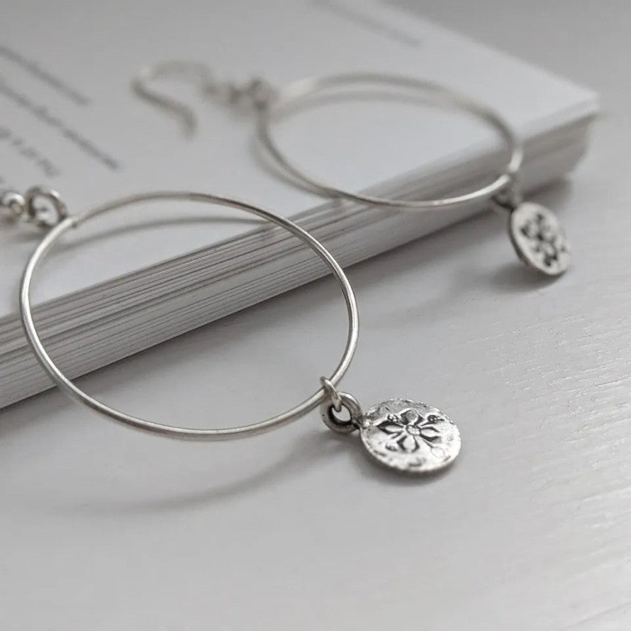 Fine Silver Stamped Charm Hoop Earrings
